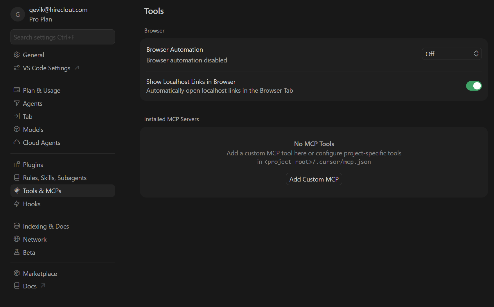Tools &amp; MCPs menu